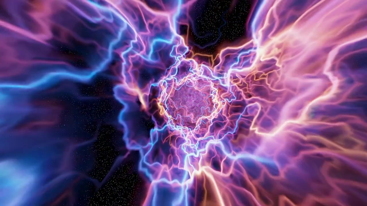 Volando attraverso un tunnel di energia neon pulsante nello spazio