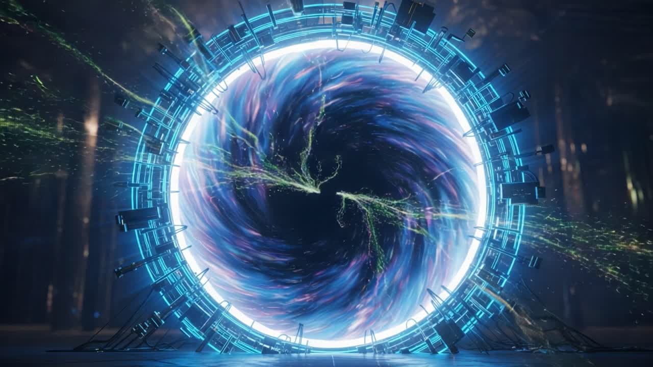 A Stunning Visualization of a Sci-Fi Portal: An Emanating Energy Gateway Surrounded by Stirring Colors and Mystical Effects in a Futuristic Setting