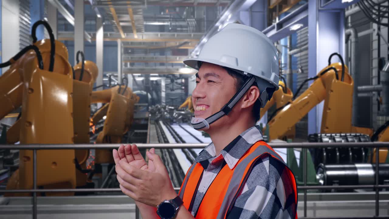 Close Up Side View Of Asian Male Engineer With Safety Helmet Smiling And Clapping His Hands While Standing With Industrial Robotic Arms Working