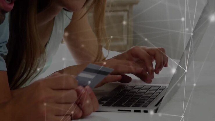 Caucasian couple in social distancing buying online at home