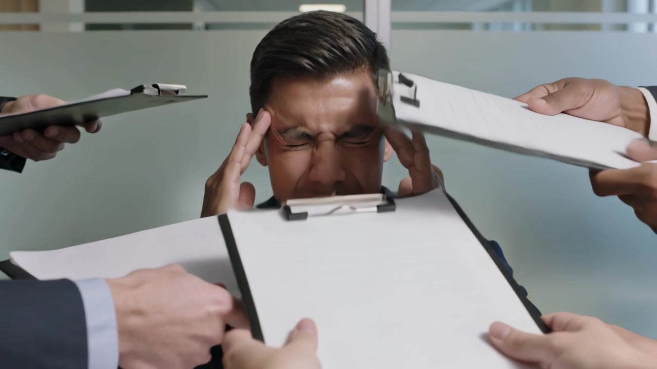 Segurando as têmporas, homem de terno e gravata se contendo em escritório de vidro, pranchetas de colegas de trabalho cercando o rosto.