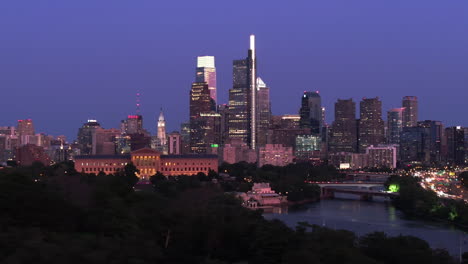 aerial view of downtown philadelphia at night