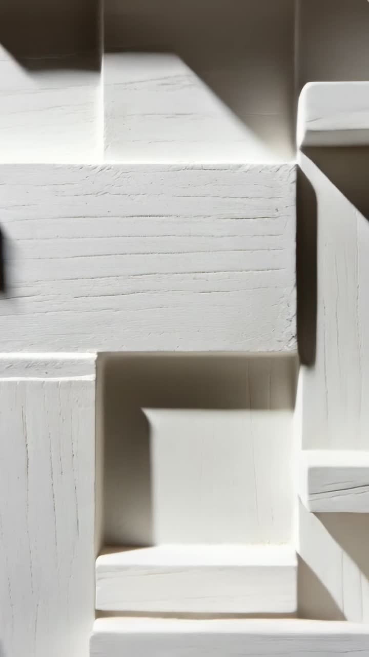 Vertical video: Moving camera shifting down-right revealing painted relief panel in studio