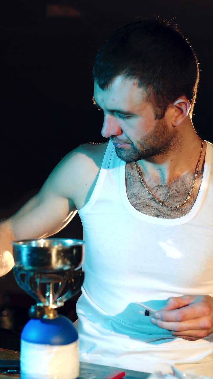 Making drugs. Concept of social problems of drug addiction and crime. Vertical video