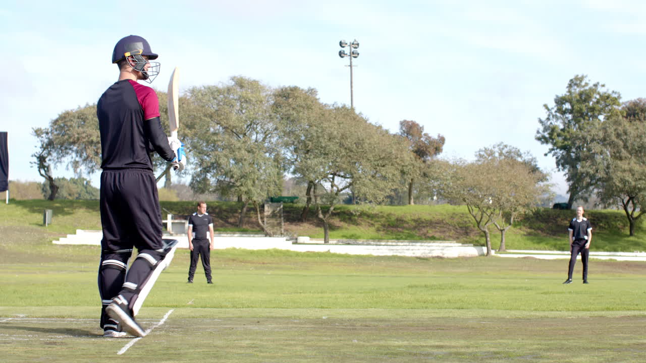 Two teams of multiracial male cricket players and male umpire playing cricket on pitch