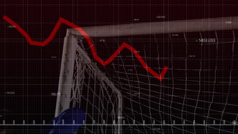 animação de gráficos e dados sobre gol e jogador de futebol caucasiano no estádio