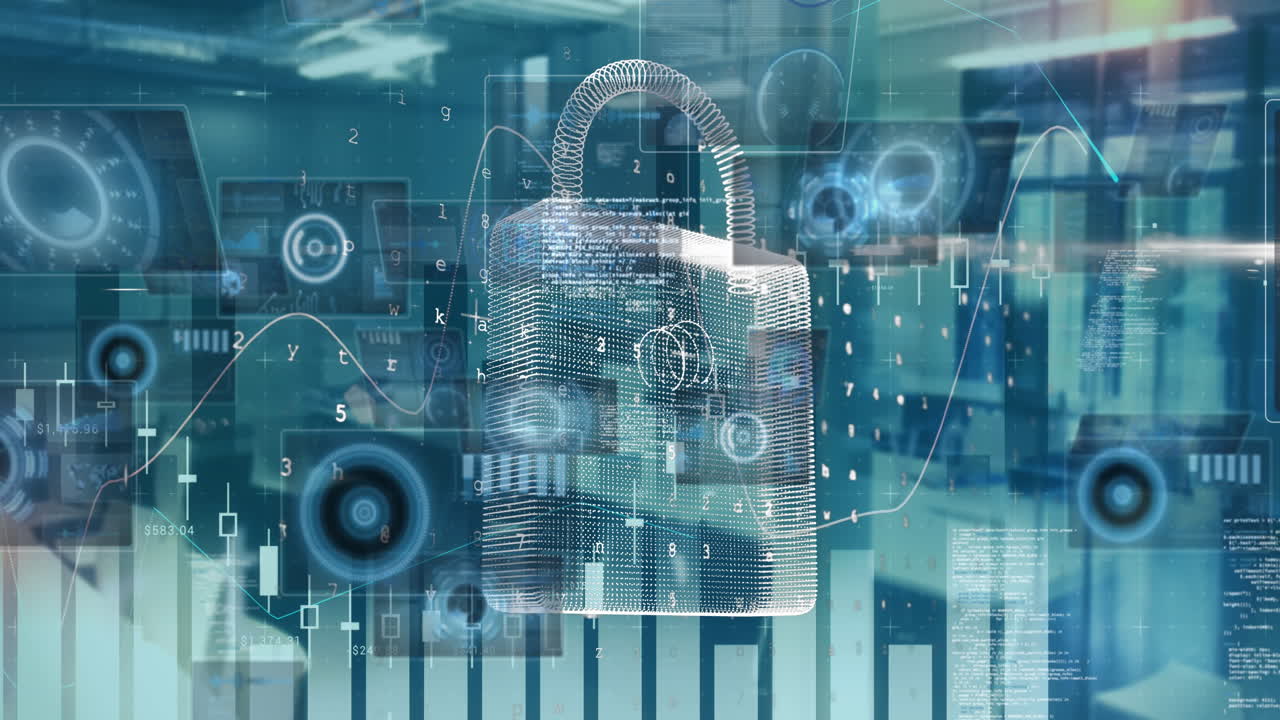 animación del procesamiento de datos y candado sobre la oficina