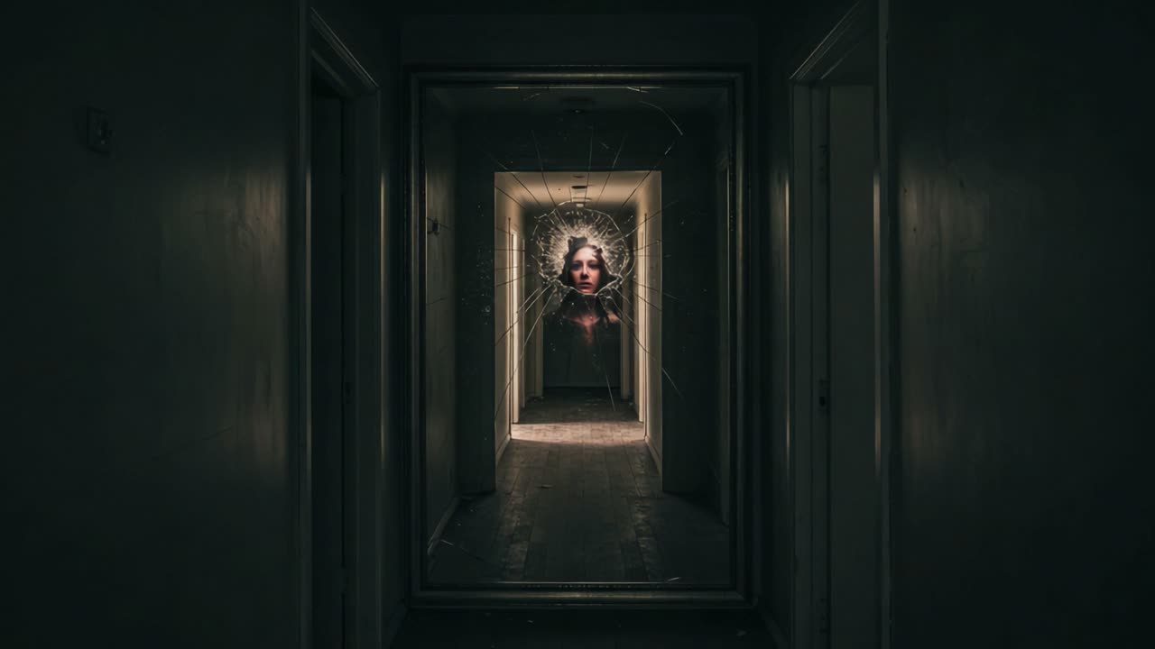 A haunting presence emerges from a shattered reflection in a dimly lit corridor, invoking feelings of dread and intrigue, leaving viewers captivated by the eerie atmosphere