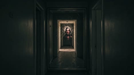 a haunting presence emerges from a shattered reflection in a dimly lit corridor, invoking feelings of dread and intrigue, leaving viewers captivated by the eerie atmosphere