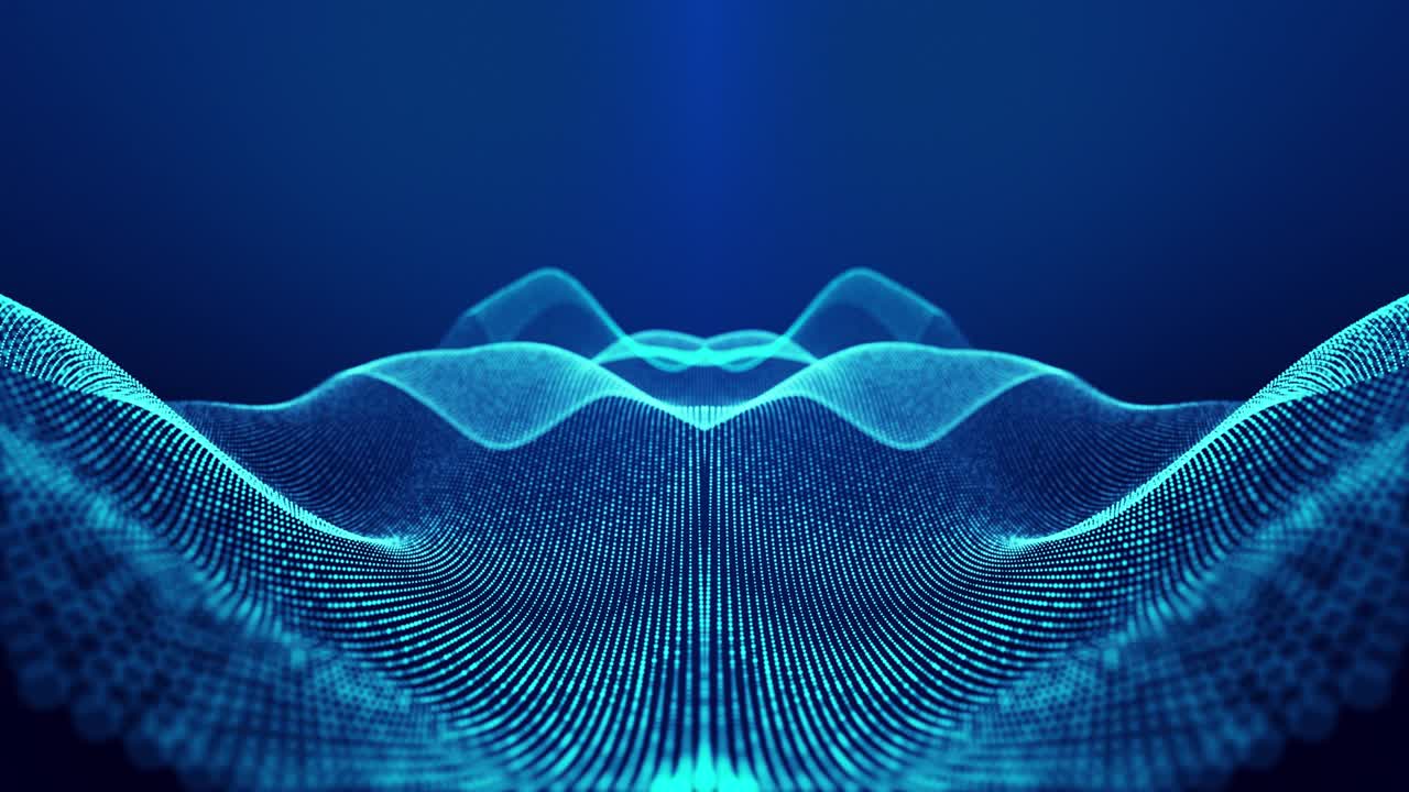 Sci-fi abstract theme with particle waves. 4k looped abstract blue background of glow particles form curved lines, surfaces simmetrical structures. Digital background with particle hologram.
