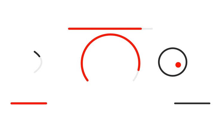Grafica in movimento astratta minimalista con punto rosso rotante e barre di caricamento circolari