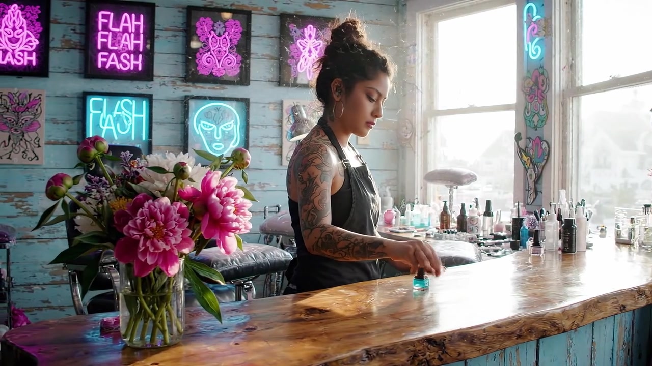 Uma Cena Artística de Estúdio de Tatuagem Apresentando um Artista Habilidoso Trabalhando e Criando Designs Únicos em Meio a Luzes Neon Coloridas e Decoração Floral