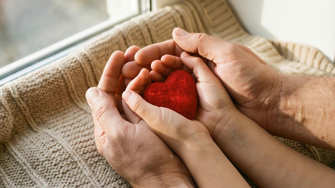 Manos cuidadosas de un adulto sosteniendo a un niño que lleva un corazón rojo sobre un fondo acogedor.