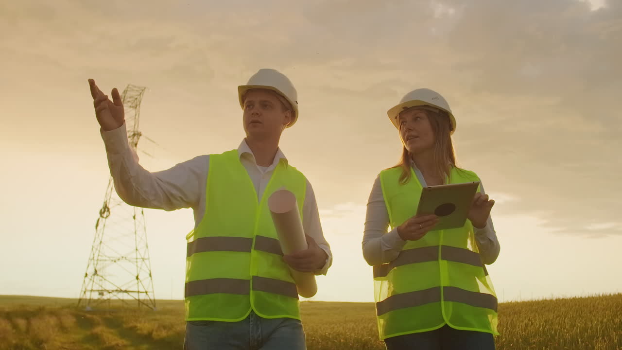 A group of engineers at a high-voltage power plant with a tablet and drawings walk and discuss a plan for the supply of electricity to the city. Transportation of renewable clean energy.