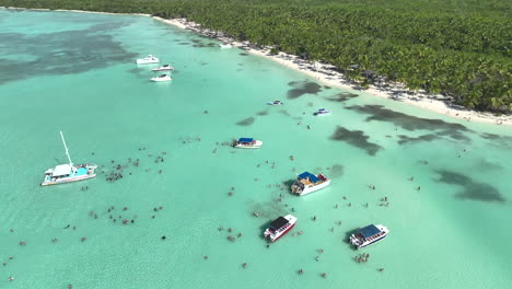 turistas con botes de catamarán en la playa tropical poco profunda de la isla de saona en la república dominicana