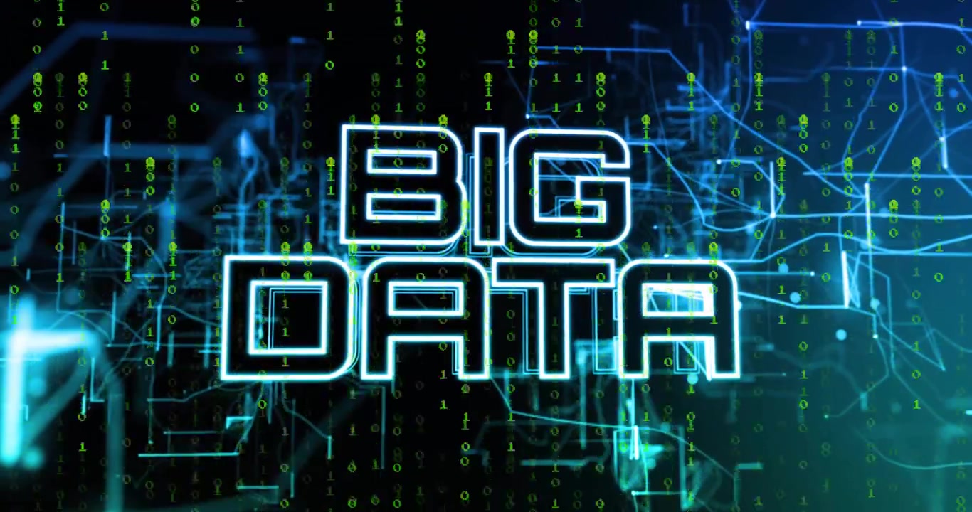 Kaskaderende binære sifre gnistrer, vevende kretser flimrer, BIG DATA-bokstaver viser prosessering.