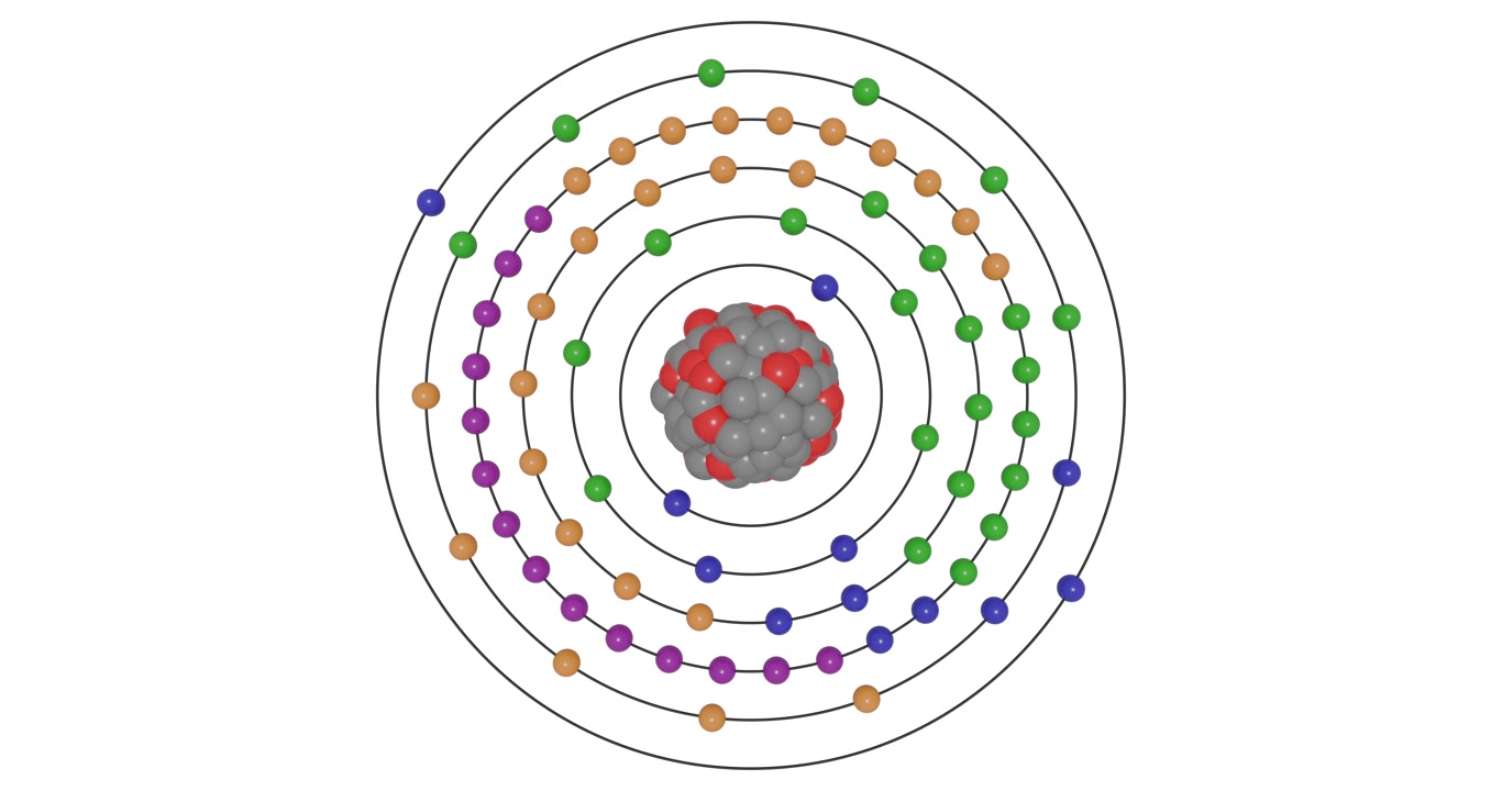Animazione 3D di un atomo di Renio che mostra gusci, sottogusci, orbite elettroniche e nucleo con protoni e neutroni, illustrando la struttura atomica e i livelli energetici per elementi visivi di educazione STEM in chimica.