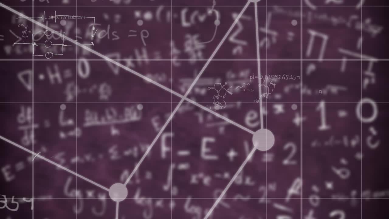 보라색 바탕에 수학적 방정식에 맞춰 움직이는 큐브 모양의 디지털 애니메이션