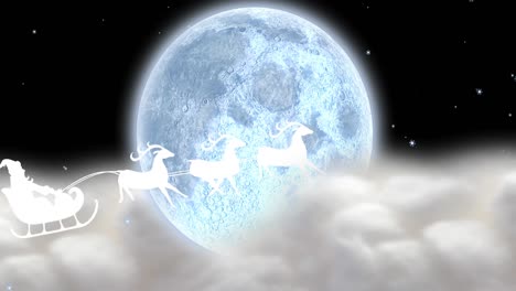 Animation-of-santa-claus-in-sleigh-with-reindeer-moving-over-clouds-and-moon