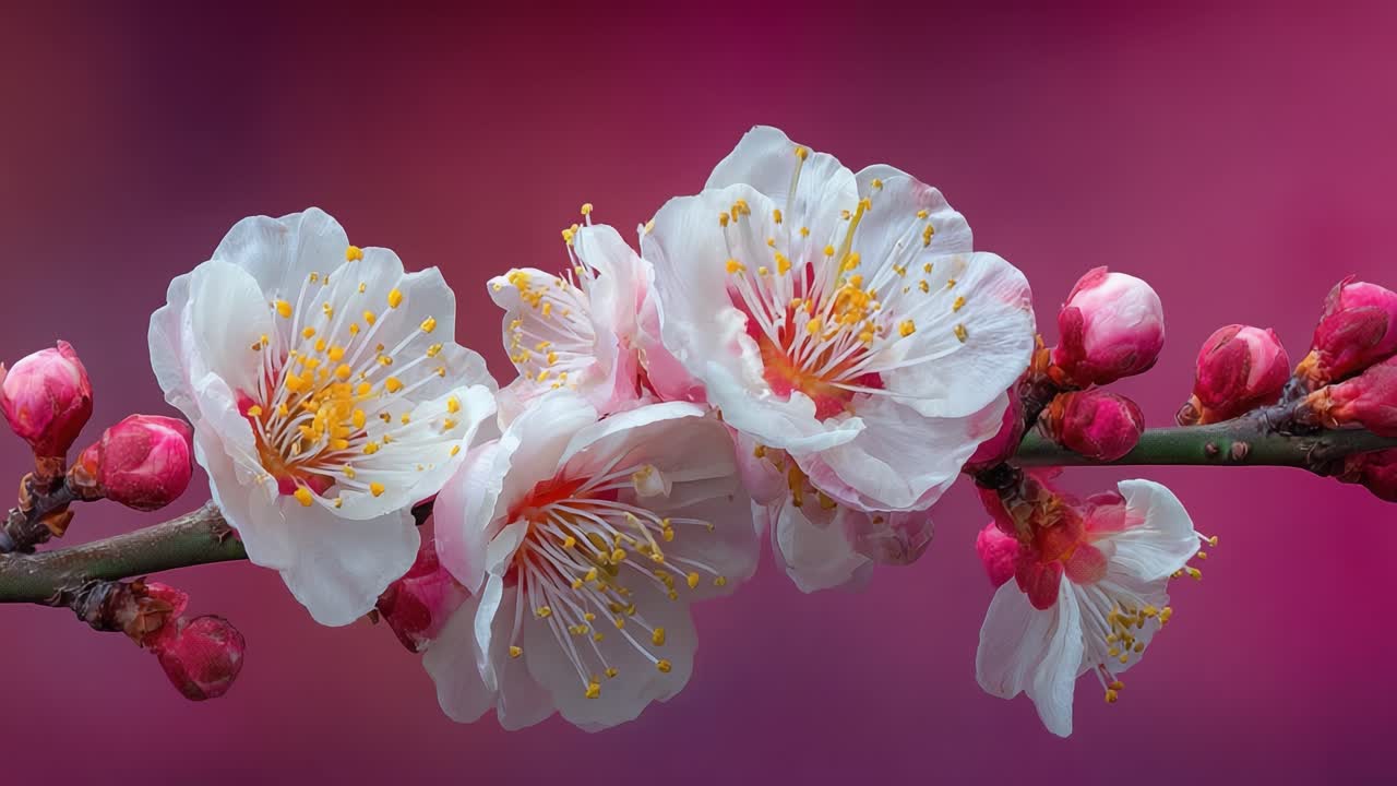 Stunning Blossoms in Full Bloom: A Captivating Display of Nature's Beauty with Delicate Cherry Flowers and Vibrant Pink Background