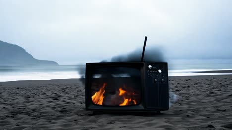 a burning vintage television on a beach