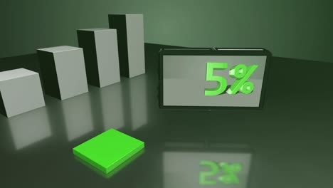 diagrama de barras 3d verde creciente con pantalla hasta el 14%