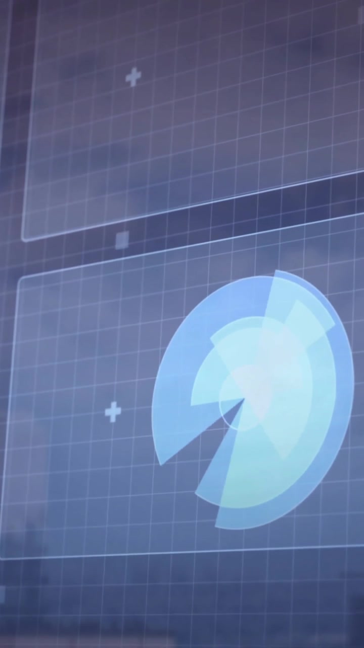 Animation af futuristisk databehandling over en bylandskabsbaggrund