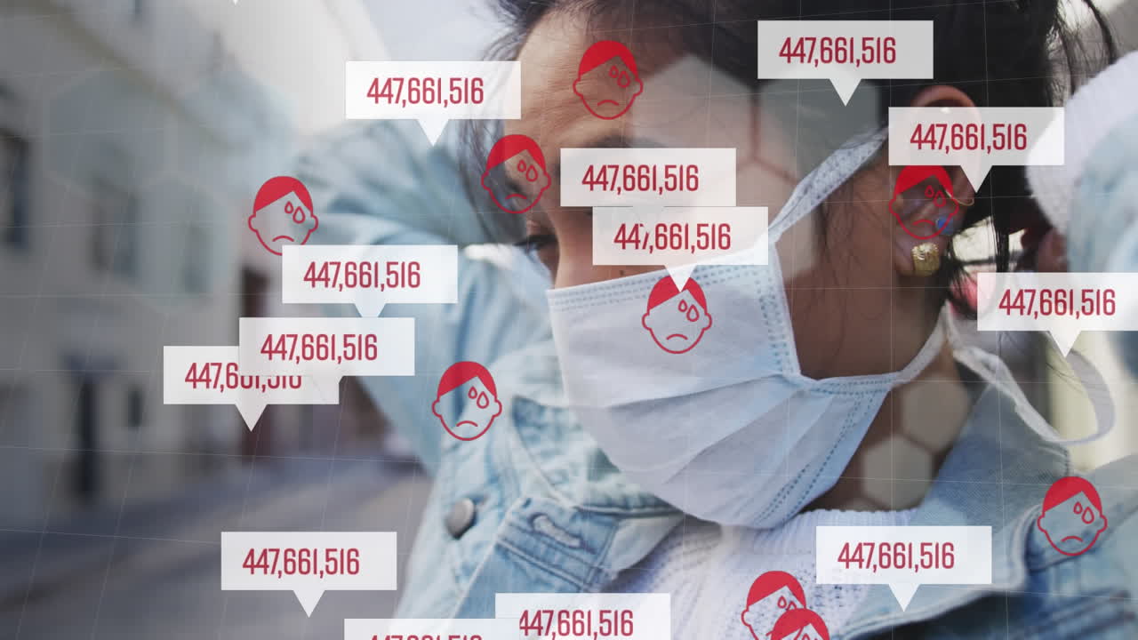 거리에서 마스크를 쓰고 있는 여성의 애니메이션.  ⁇ 은 거품의 연설 위에 숫자가 있습니다.