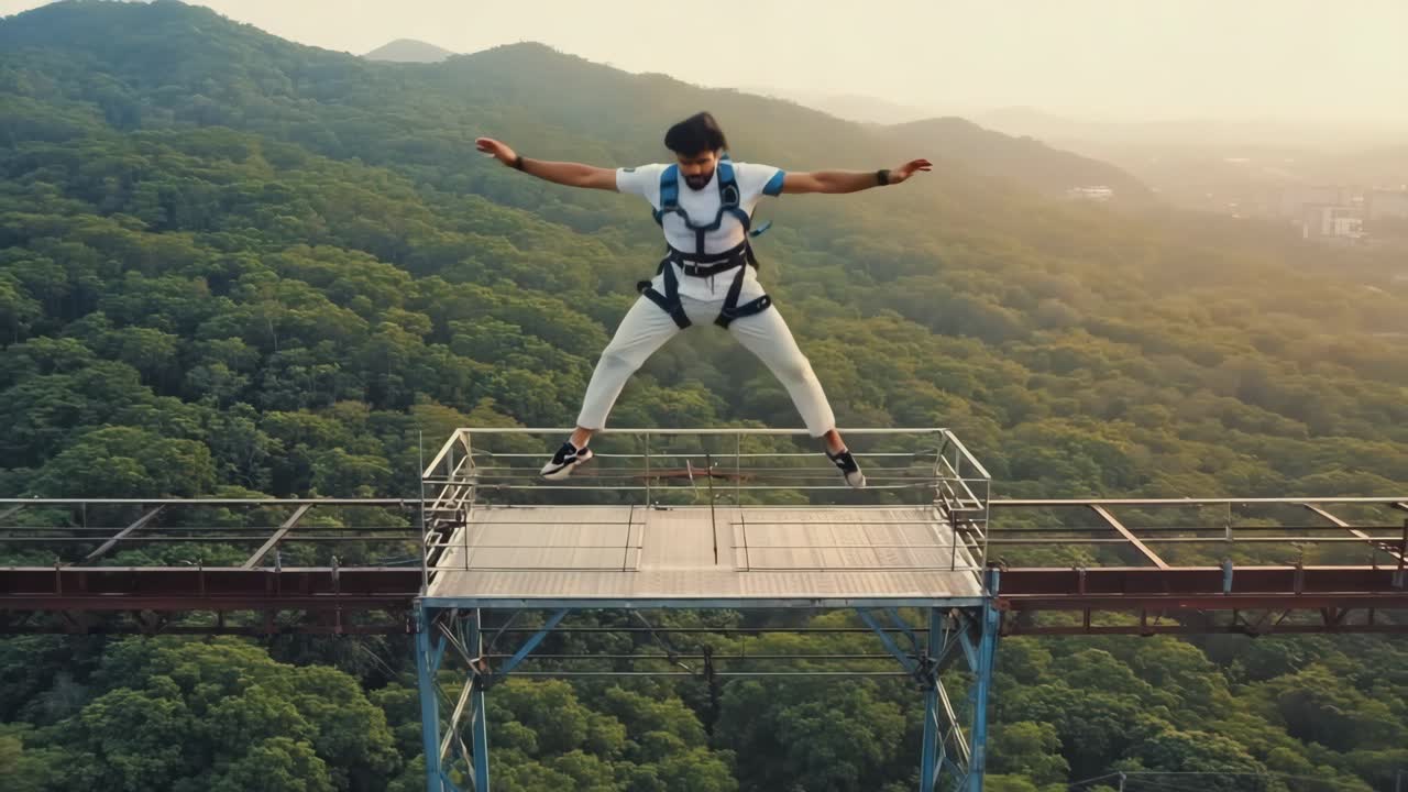 Uomo che fa bungee jumping da un ponte in un paesaggio suggestivo