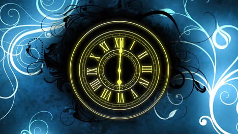 animation of clock showing midnight and spots of light on floral background