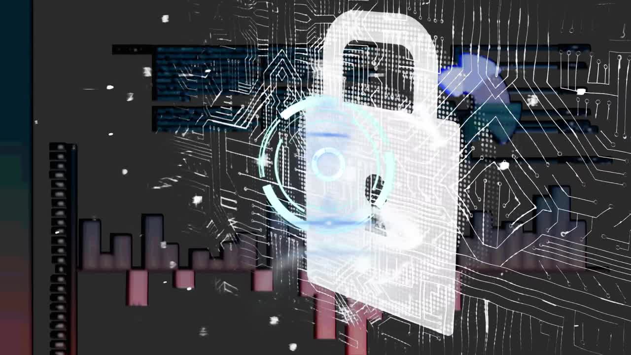 animación del candado de seguridad en línea con placa de circuito