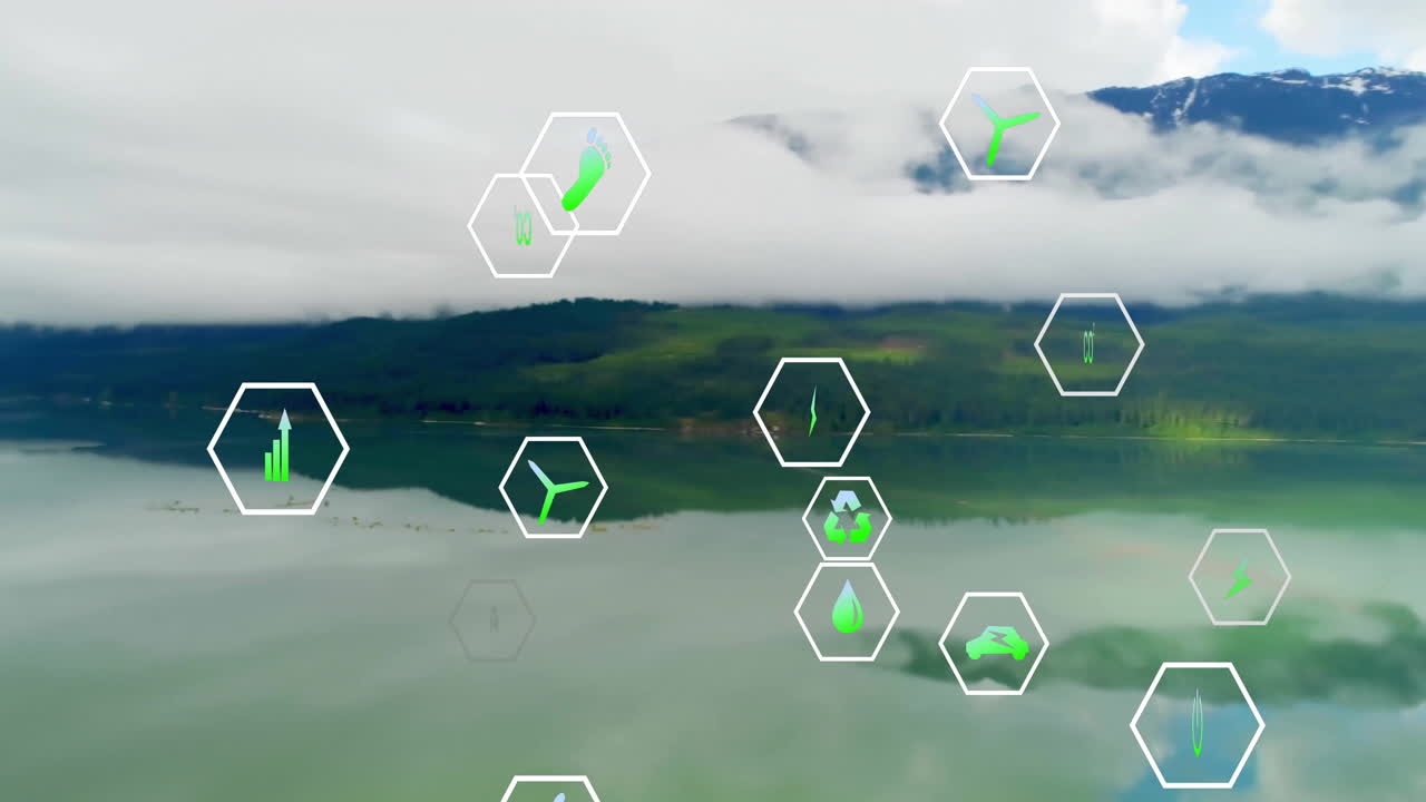 White hexagon outlines floating above serene mountain lake, highlighting green eco icons in 3D