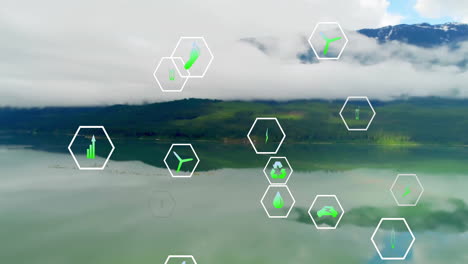 white hexagon outlines floating above serene mountain lake, highlighting green eco icons in 3d