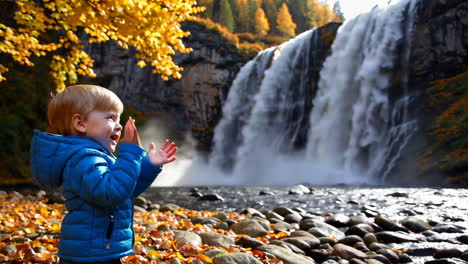 toddler's joyful encounter with a majestic waterfall in fall
