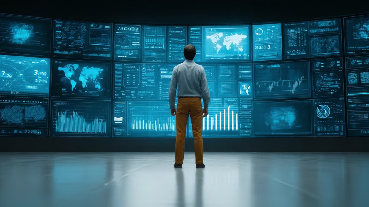 A Data Analyst Observes a Comprehensive Digital Dashboard Displaying Various Analytical Graphs and Global Data Metrics in a High-Tech Environment