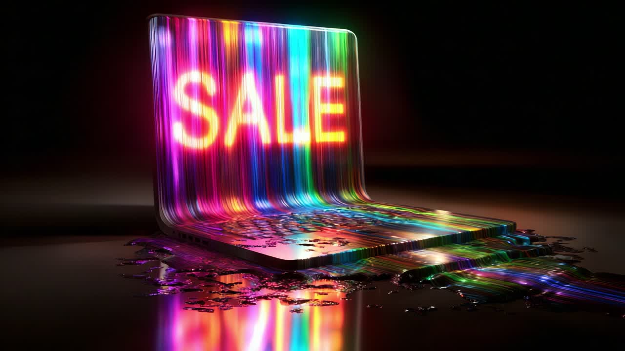 A Colorful Laptop Displaying a Vibrant 'SALE' Text with Flowing Lights and Liquid, Emphasizing Creativity and Digital Marketing for Promotions and Discounts