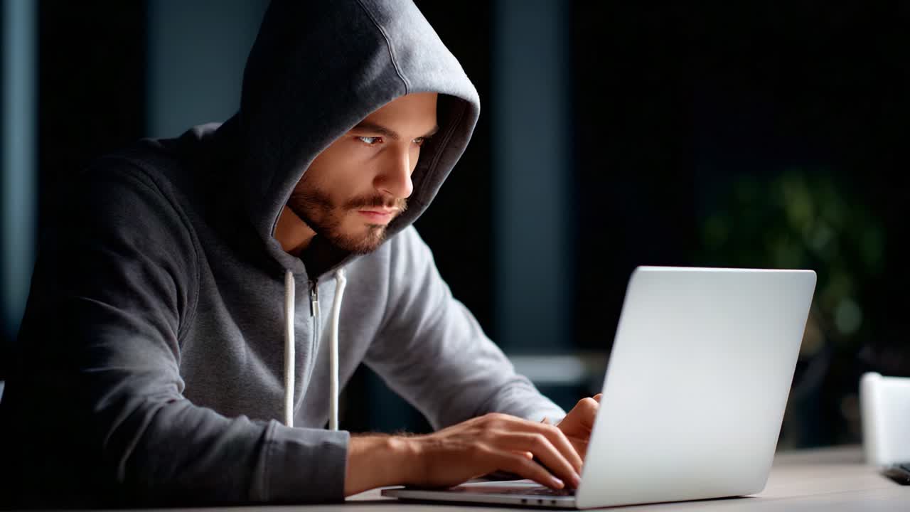 Persona concentrata e motivata con felpa con cappuccio che lavora al laptop in un ambiente scarsamente illuminato, enfatizzando la concentrazione e l'interazione digitale