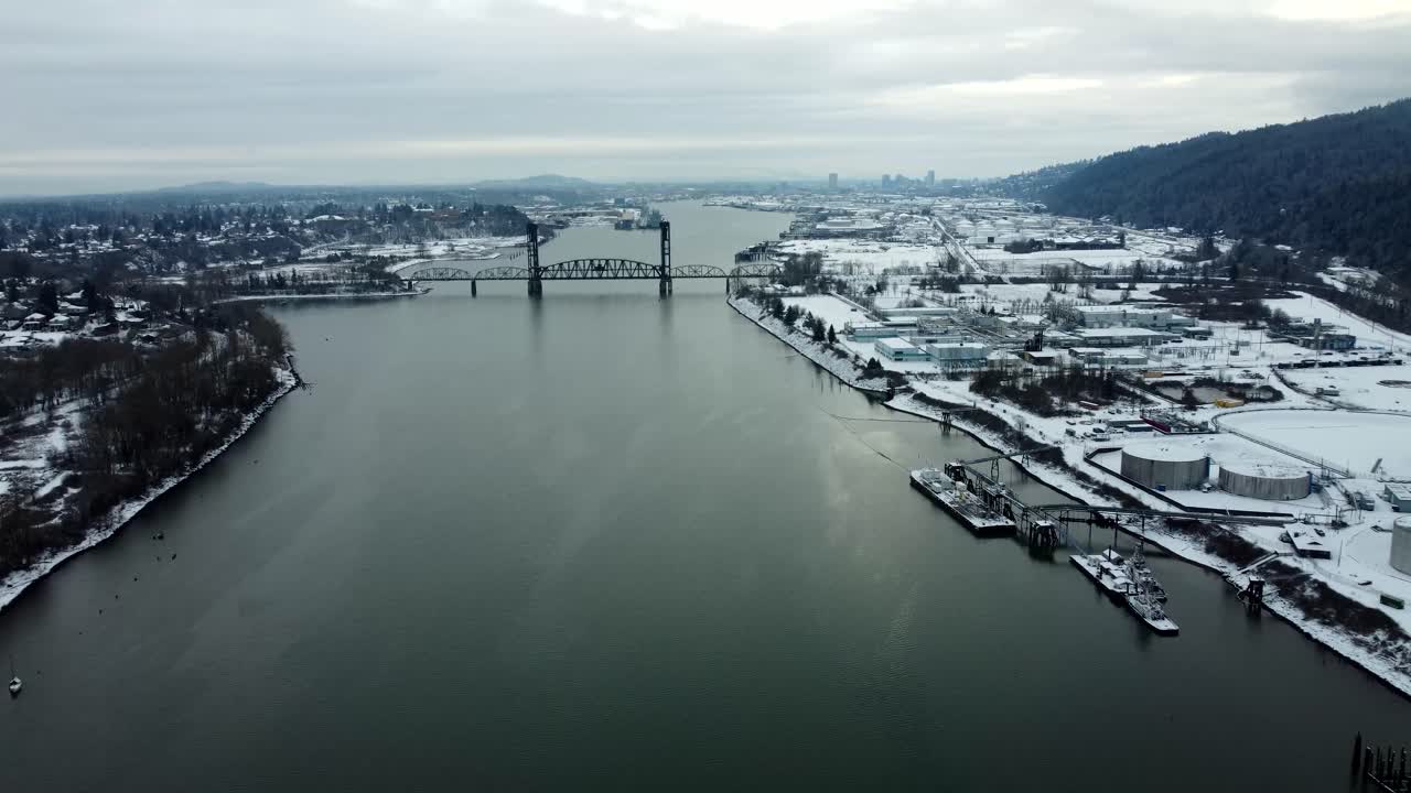 US, Oregon, Portland, St Johns, 2025-02-14 - Drone view of the Train Bridge in the snow.