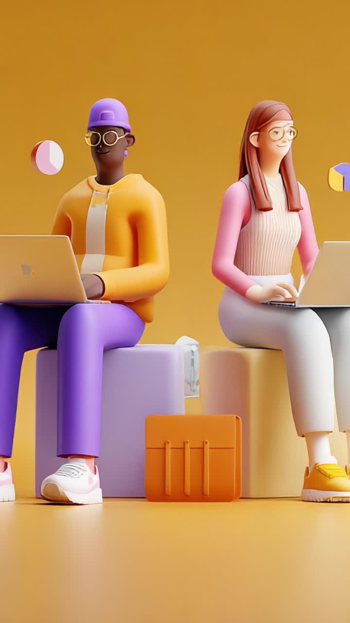Two stylized characters engaged in digital work, showcasing laptops and data visualization elements, representing collaboration and technology in a colorful workspace