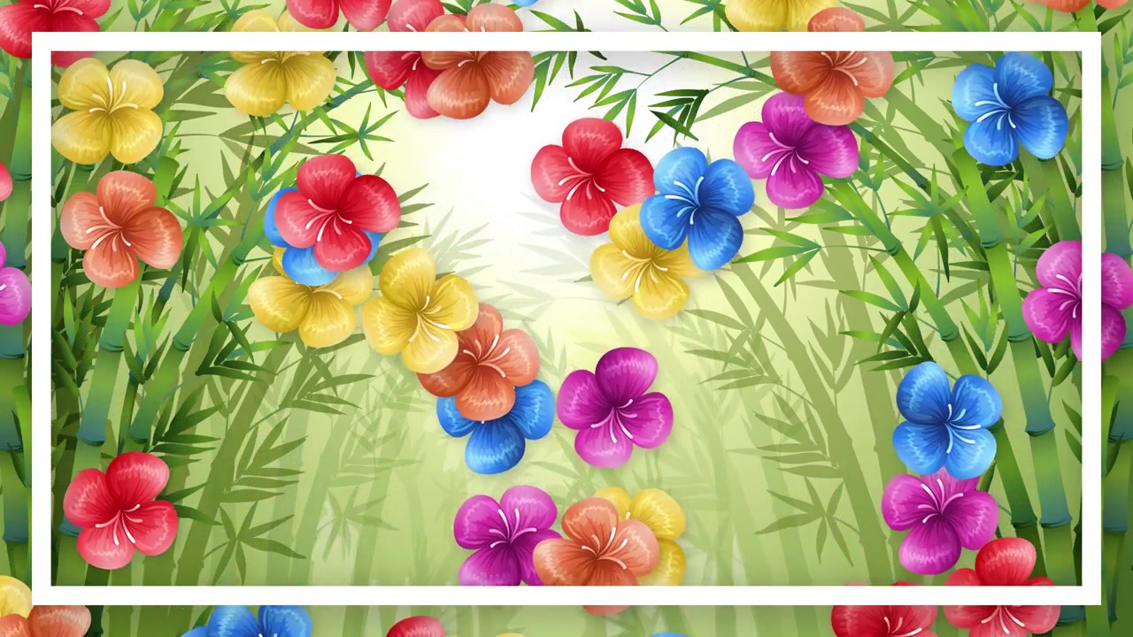 Vibrant cartoon flowers drift downward against a soft green bamboo forest with white frame.