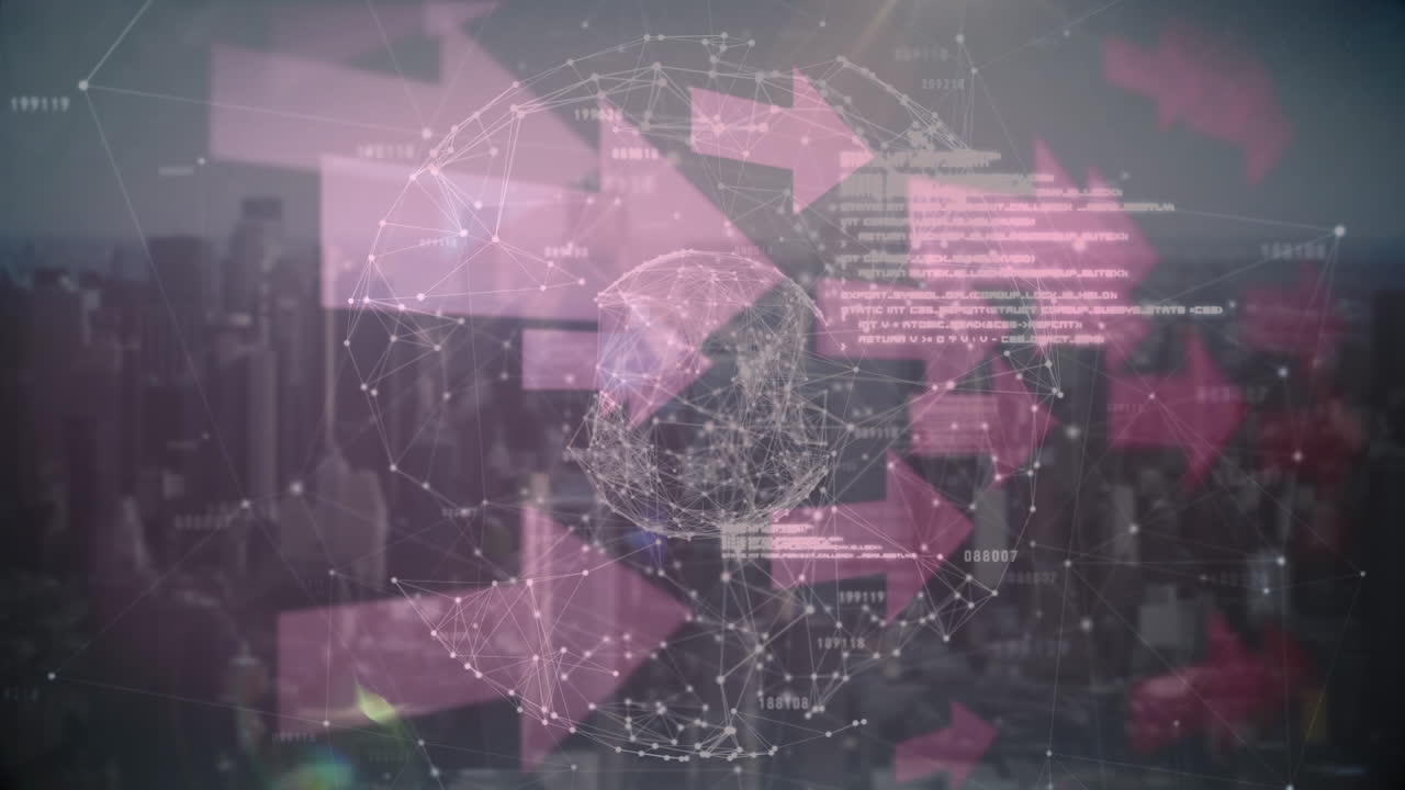 화살표의 애니메이션, 데이터 처리 및 분홍색 공간에서 회전하는 지구