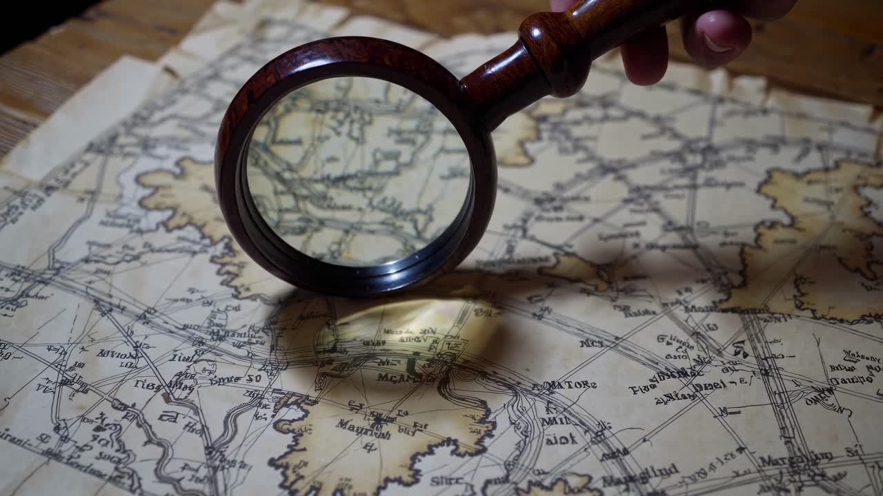 Close-up angle of a vintage map with a magnifying glass highlighting details