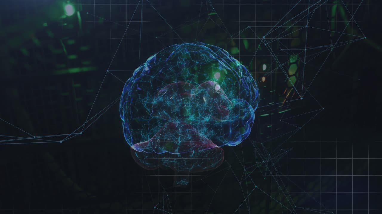 Animation of network of connections and human brain icon spinning against computer server