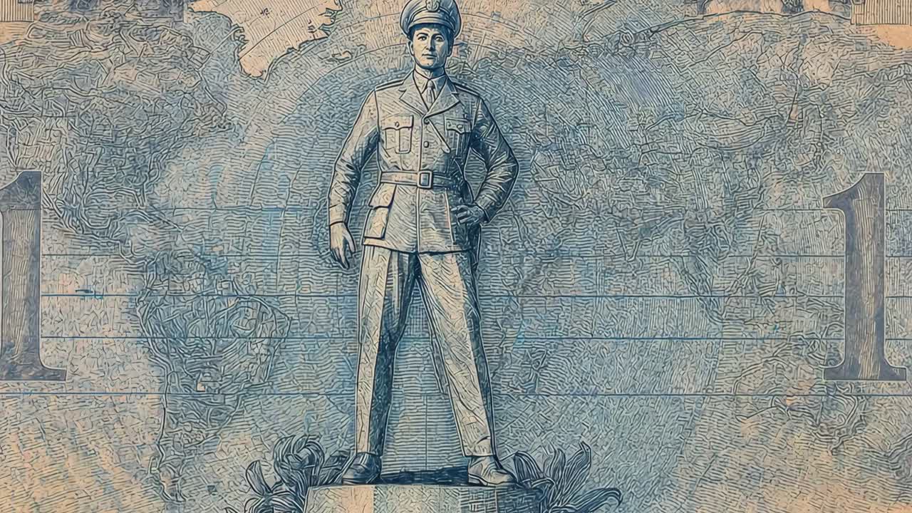 Soldier standing on a map on money