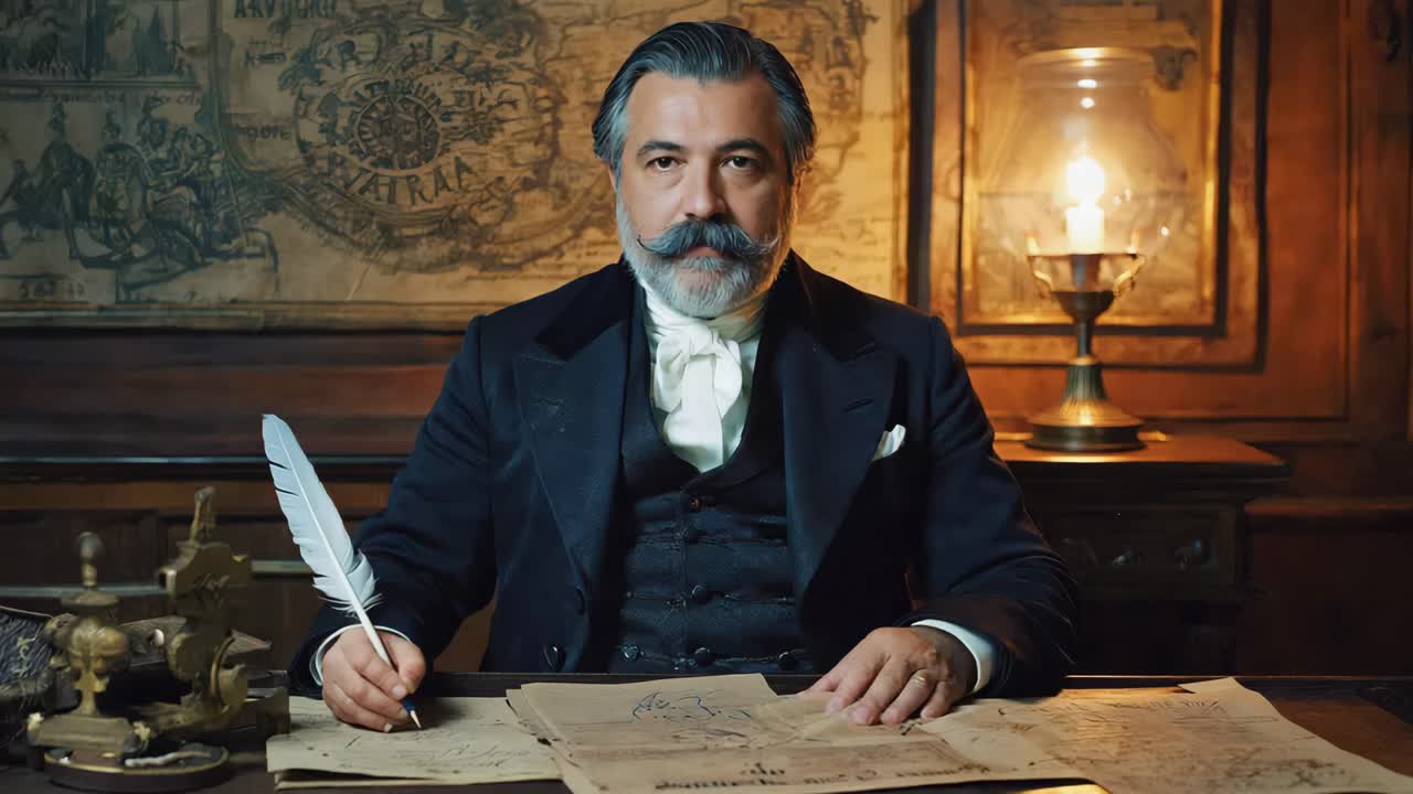 Man writing with a feather pen at a desk