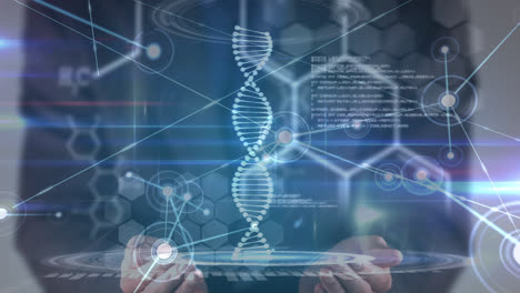 animation of scientific data, dna and connections over midsection of caucasian man