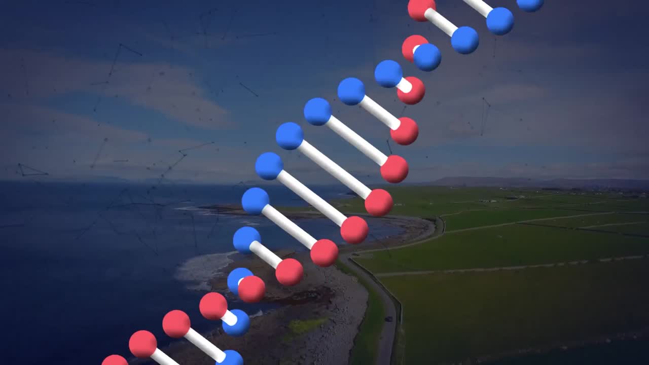 animación de la estructura del adn con puntos de conexión y paisaje en el fondo
