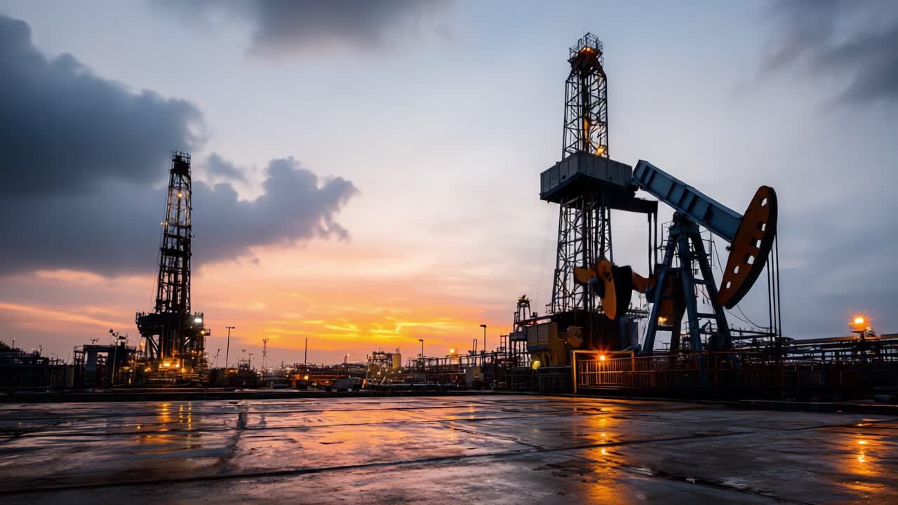 Un impressionante panorama di piattaforme petrolifere al crepuscolo, che cattura l'eleganza industriale dei siti di estrazione illuminati dalla luce del sole al tramonto contro un cielo drammatico.
