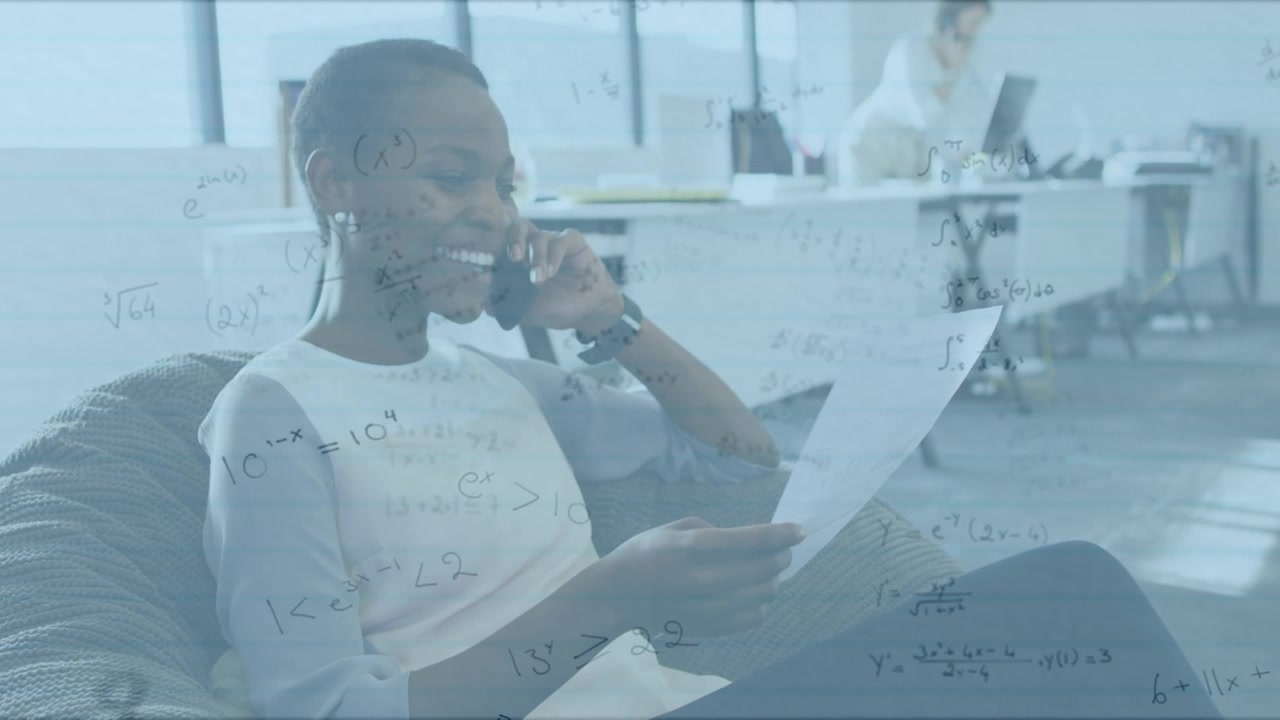 Animation of math formulas over happy african american businesswoman using smartphone