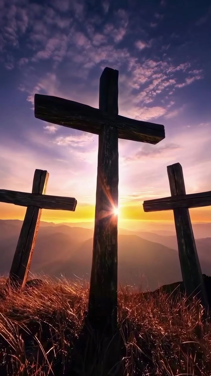 Tre croci di legno su una collina al tramonto.